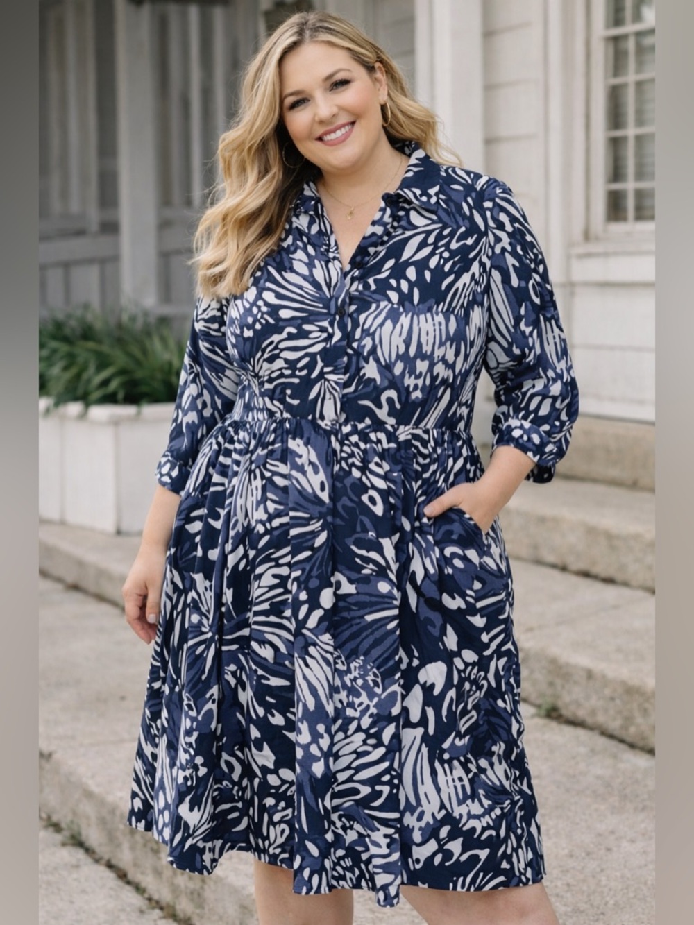 Women's Navy & White Printed Shirt Dress